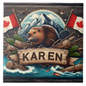 Bever, boomstammen, vlaggen en bergen tegeltje (Voorkant)