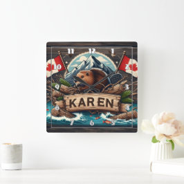 Bever, boomstammen, vlaggen en bergen vierkante klok