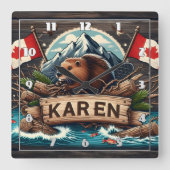 Bever, boomstammen, vlaggen en bergen vierkante klok (Voorkant)