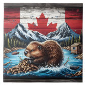 Bever bouwen dam met Canadese vlag achtergrond Tegeltje (Voorkant)