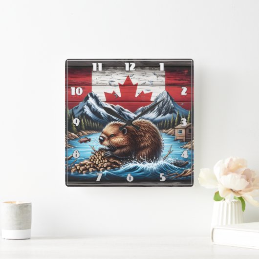 Bever bouwen dam met Canadese vlag achtergrond Vierkante Klok (Huis)