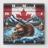Bever bouwen dam met Canadese vlag achtergrond Vierkante Klok (Voorkant)