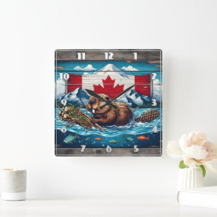 Bever bouwt lodge, vlag achter vierkante klok