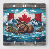 Bever bouwt lodge, vlag achter vierkante klok (Voorkant)