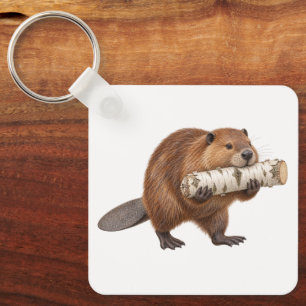 Bever die een berkenstam draagt sleutelhanger