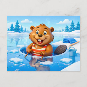 Bever ijsbaden in een gestreepte zwembroek briefkaart