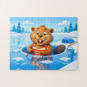 Bever ijsbaden in een gestreepte zwembroek legpuzzel