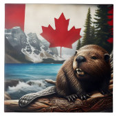 Bever in Canadese wildernis met vlagachtergrond Tegeltje (Voorkant)