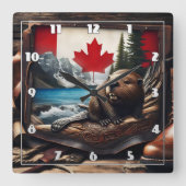 Bever in Canadese wildernis met vlagachtergrond Vierkante Klok (Voorkant)