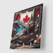 Bever in Canadese wildernis met vlagachtergrond Vierkante Klok (Hoek)