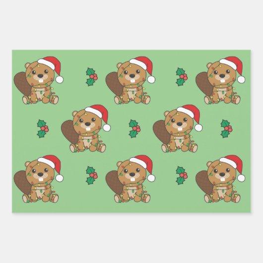 Bever Kerstmis Winter Dieren Vakantie Bevers Inpakpapier Vel (Voorkant 3)