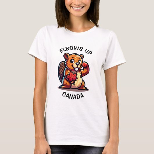 Bever met een esdoornblad en ellebogen omhoog Cana T-shirt (Voorkant)