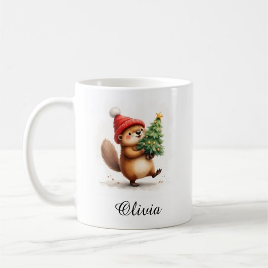 Bever met kerstboom aangepaste naam koffiemok (Links)