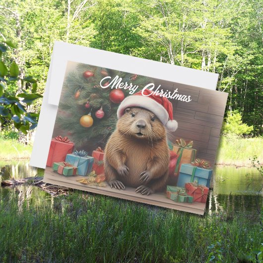 Bever met kerstmuts met kerstmuts cadeaus briefkaart
