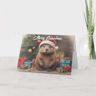 Bever met kerstmuts met kerstmuts cadeaus kaart