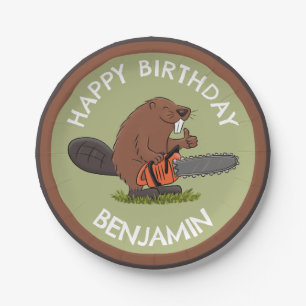 Bever met kettingzaag grappige gepersonaliseerde v papieren bordje