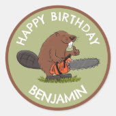 Bever met kettingzaag grappige gepersonaliseerde v ronde sticker (Voorkant)