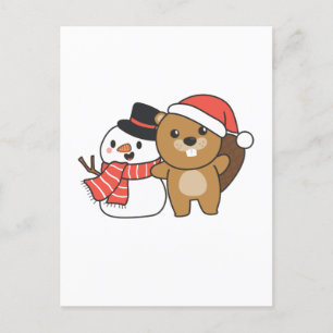 Bever met sneeuwman in de winter met Kerstmis Feestdagenkaart