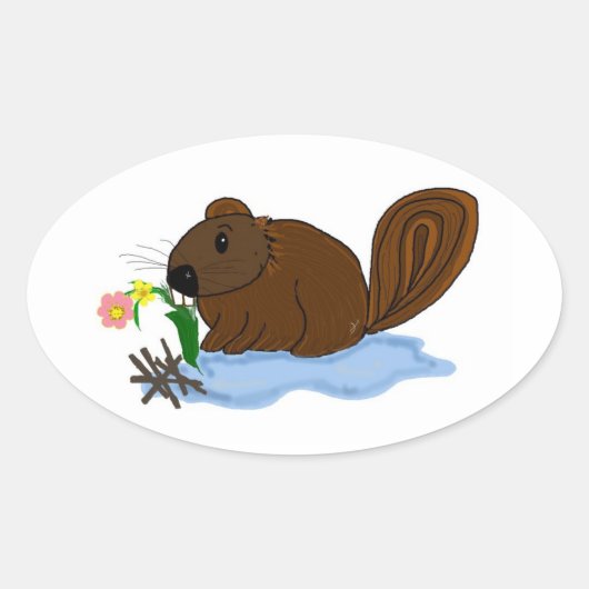 Bever met Stokken en Bloemen Ovale Sticker (Voorkant)