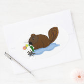 Bever met Stokken en Bloemen Ovale Sticker (Envelop)
