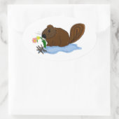 Bever met Stokken en Bloemen Ovale Sticker (Tas)