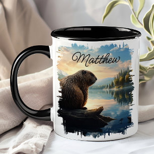 Bever Op Boomstam Zonsopgang Wildernis Mok