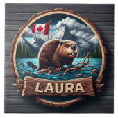 Bever op een bebost meer met Canadese vlag Tegeltje (Voorkant)