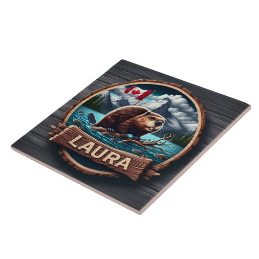 Bever op een bebost meer met Canadese vlag Tegeltje (Zijkant)