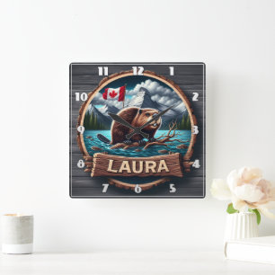 Bever op een bebost meer met Canadese vlag Vierkante Klok