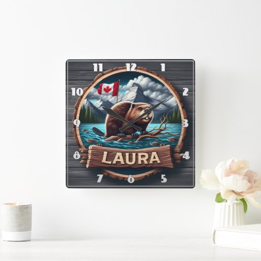 Bever op een bebost meer met Canadese vlag Vierkante Klok (Huis)