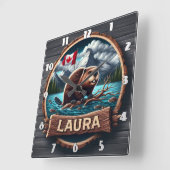 Bever op een bebost meer met Canadese vlag Vierkante Klok (Hoek)