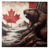 Bever op een boom met Canadese vlag en bergen Tegeltje (Voorkant)