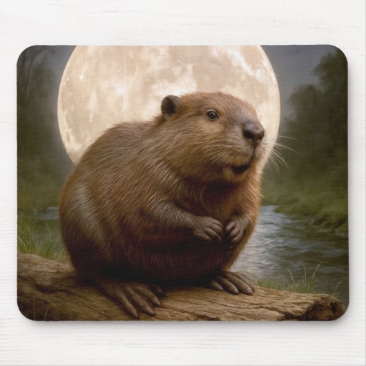 Bever op een stam bij volle maan muismat (Voorkant)