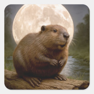 Bever op een stam bij volle maan vierkante sticker
