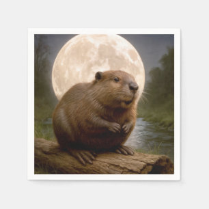 Bever Op een Stam Met Volle Maan Servet