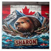 Bever op het water met Canadese vlag Tegeltje (Voorkant)