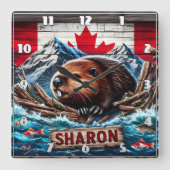 Bever op het water met Canadese vlag Vierkante Klok (Voorkant)