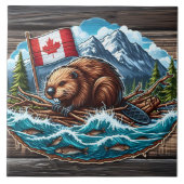 Bever op vlot met vlag in rivier tegeltje (Voorkant)