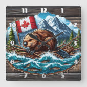 Bever op vlot met vlag in rivier vierkante klok (Voorkant)
