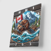 Bever op vlot met vlag in rivier vierkante klok (Hoek)