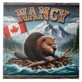 Bever op vlot met vlag in Schilderachtig Uitzicht Tegeltje (Voorkant)