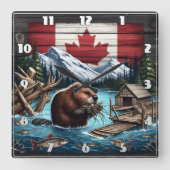 Bever verzamelt takken in de buurt van Canadian Mo Vierkante Klok (Voorkant)
