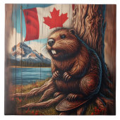 Bever zit aan het meer met Canadese vlag Tegeltje (Voorkant)