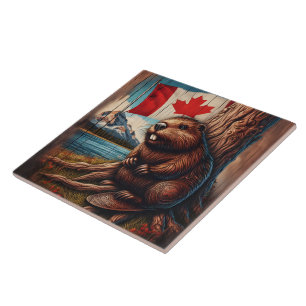 Bever zit aan het meer met Canadese vlag Tegeltje