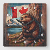 Bever zit aan het meer met Canadese vlag Vierkante Klok (Voorkant)