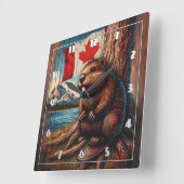 Bever zit aan het meer met Canadese vlag Vierkante Klok (Hoek)