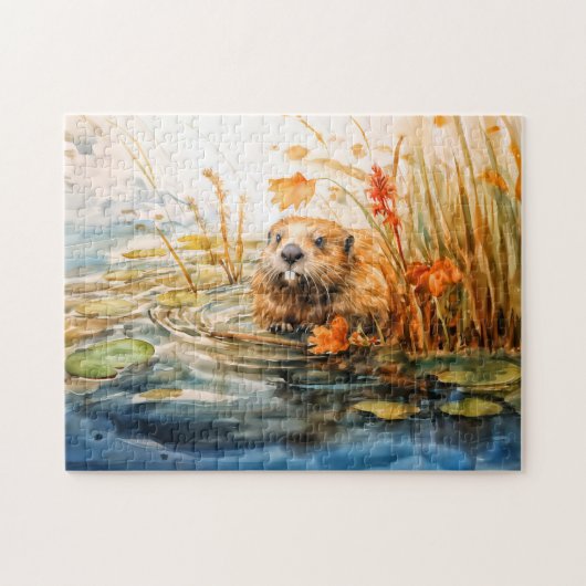 Bever zittend bij vijver tussen riet legpuzzel (Horizontaal)