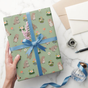 Beverratten & waterlelies op lichtgroen cadeaupapier
