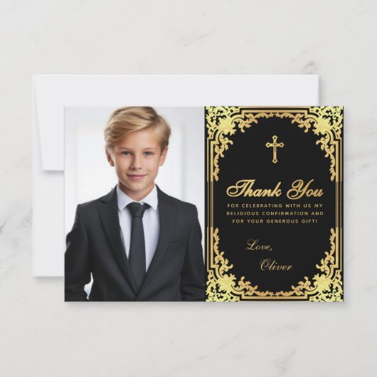 Bevestiging  Black Faux Gold Boy Foto Bedankkaart (Voorkant)