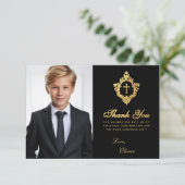 Bevestiging Black Gold Crest Elegant Boy Foto Bedankkaart (Staand voorkant)